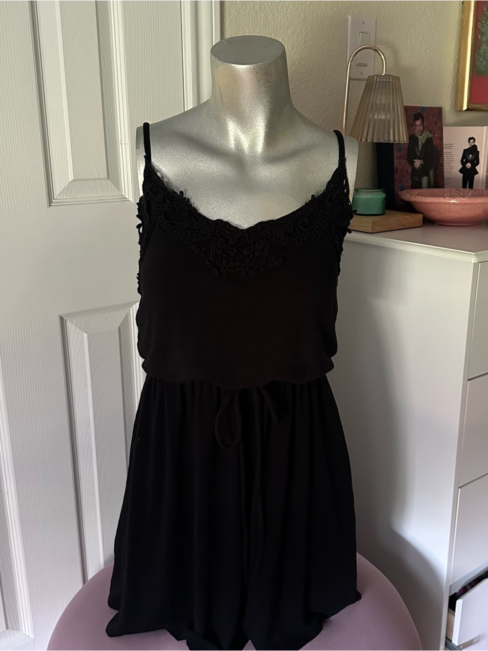 Y2K Speechless Black Boho Lace-Trim Tie-Waist Dress